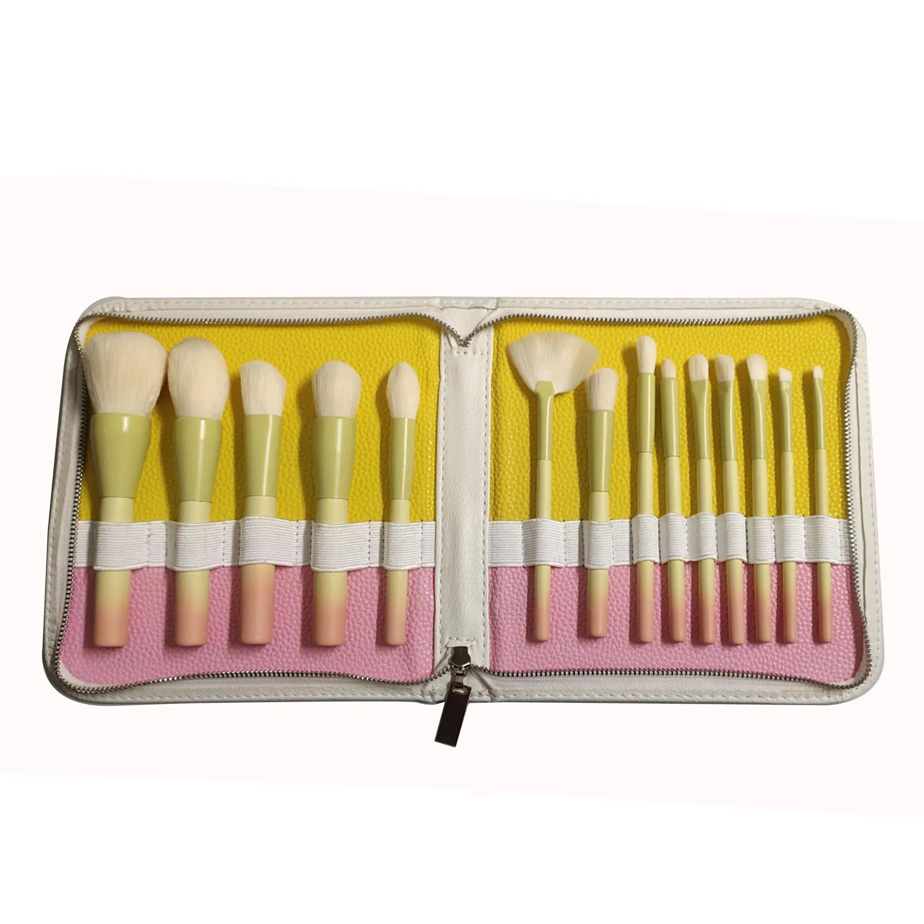 14 PCs Makeup Brushes White Imitation Wool Gradient Color Handle Pu Bag