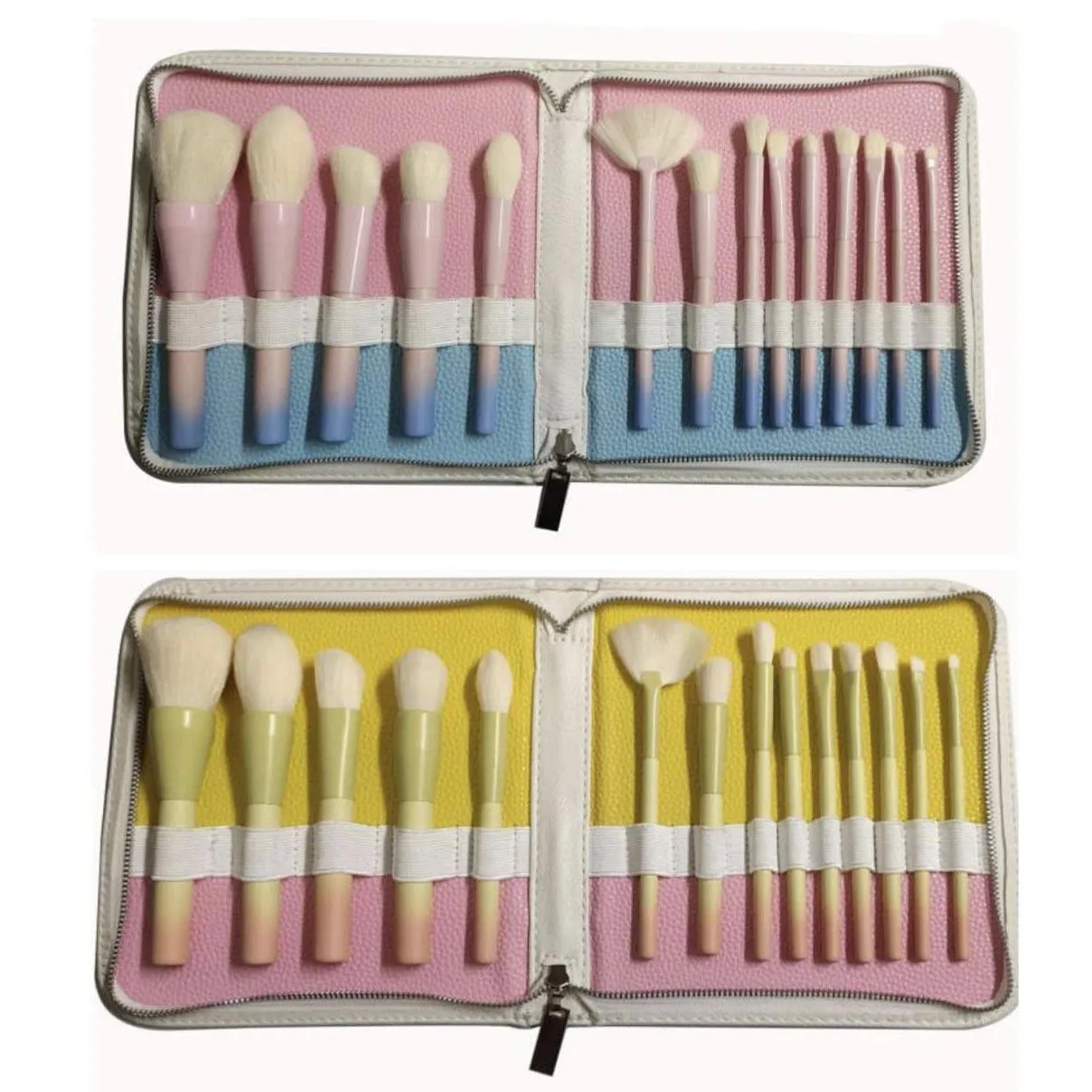 14 PCs Makeup Brushes White Imitation Wool Gradient Color Handle Pu Bag