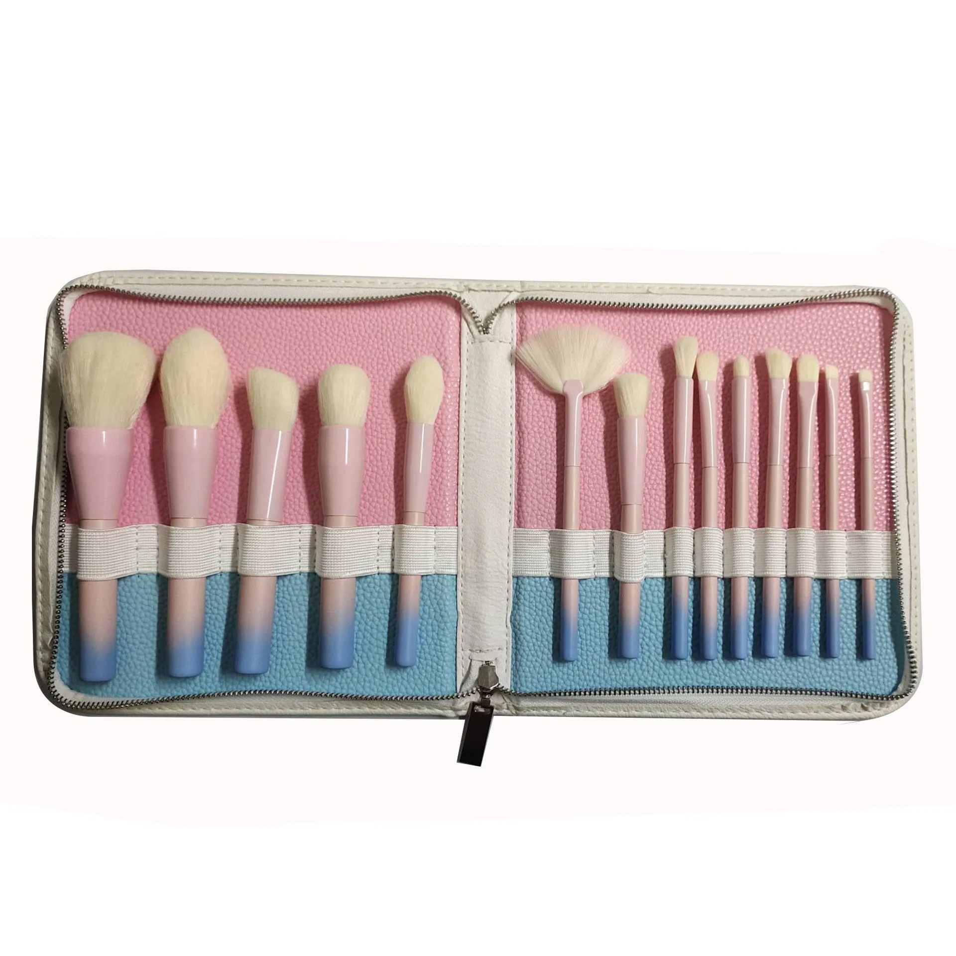 14 PCs Makeup Brushes White Imitation Wool Gradient Color Handle Pu Bag