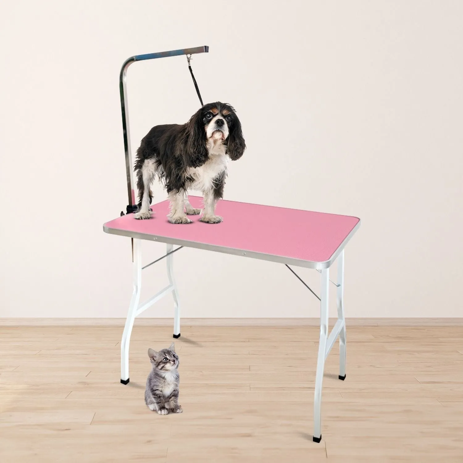 Adjustable Foldable Pet Grooming Table, Non-Slip, Pink - Floofi