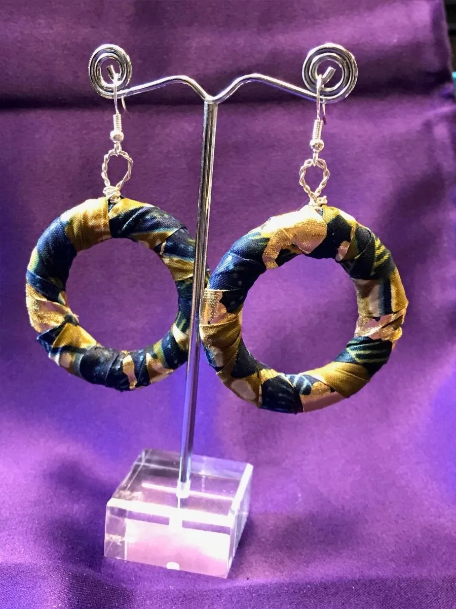 African Hoops in Black Ankara Print - Up cycled Zero Waste Earrings