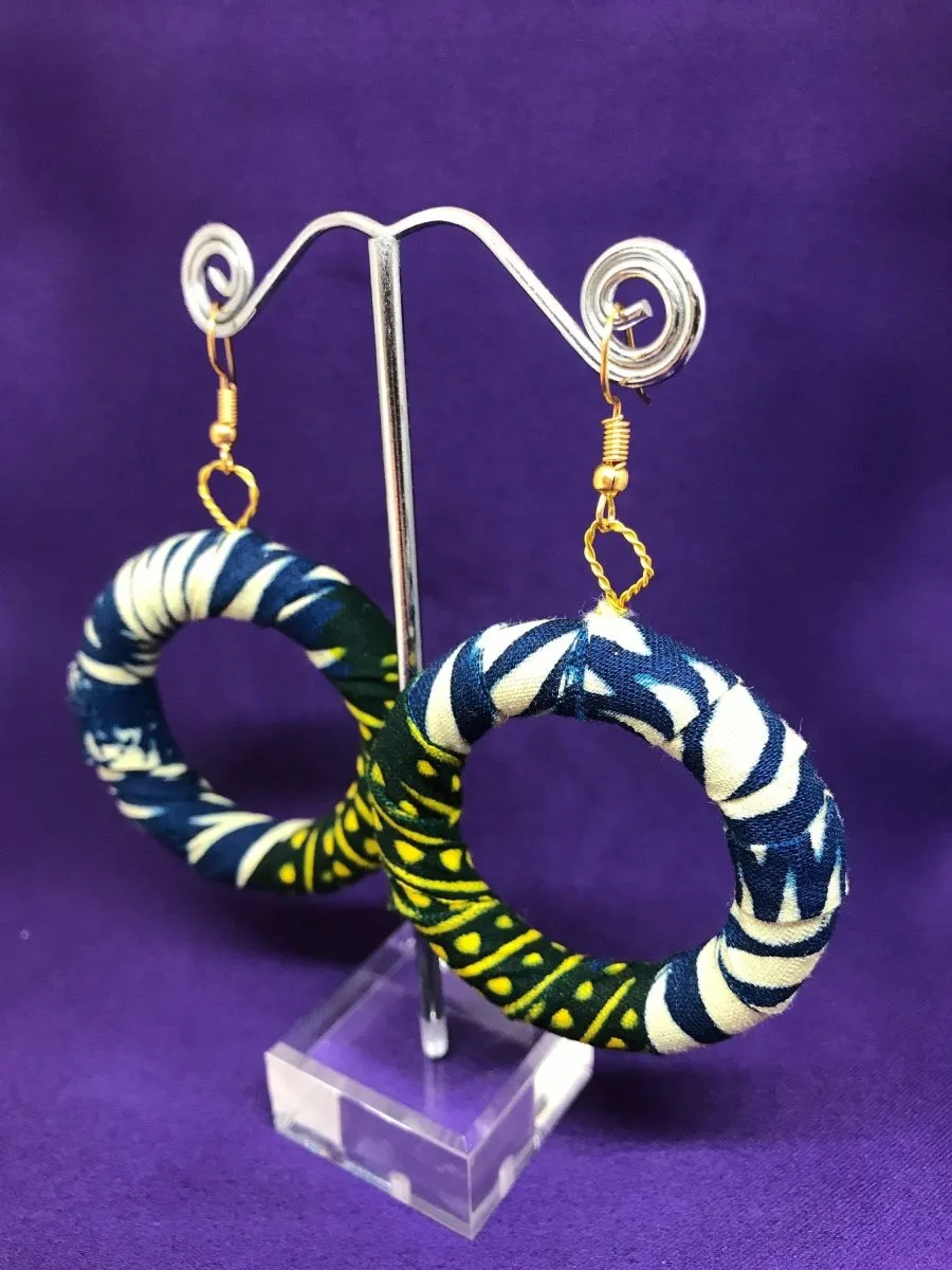 African Hoops in Green Ankara Print - Up cycled Zero Waste Earrings