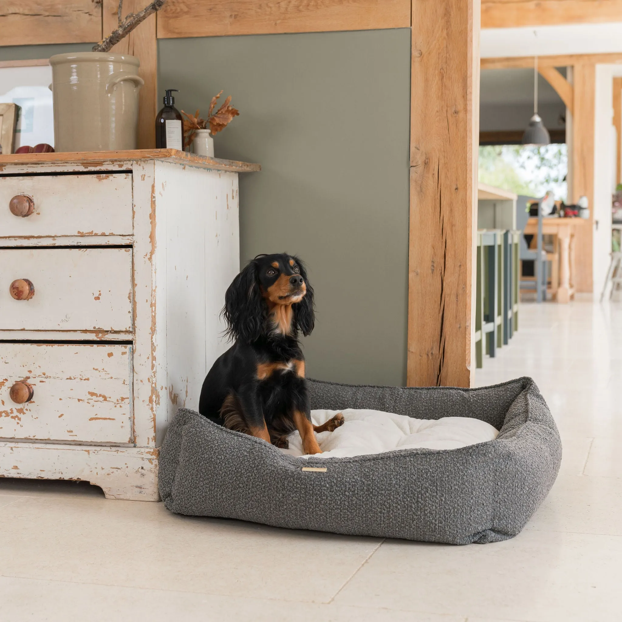 Box Bed With Removable Covers in Granite Bouclé by Lords & Labradors