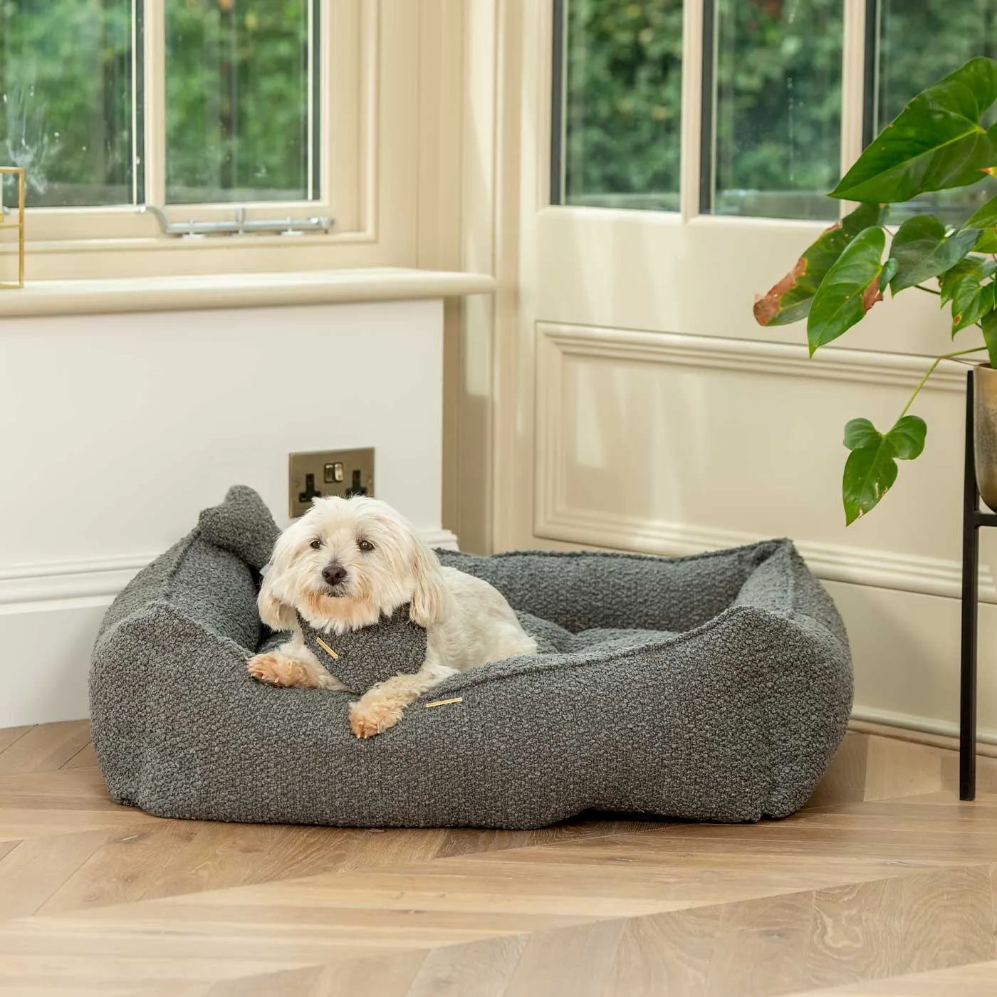 Box Bed With Removable Covers in Granite Bouclé by Lords & Labradors