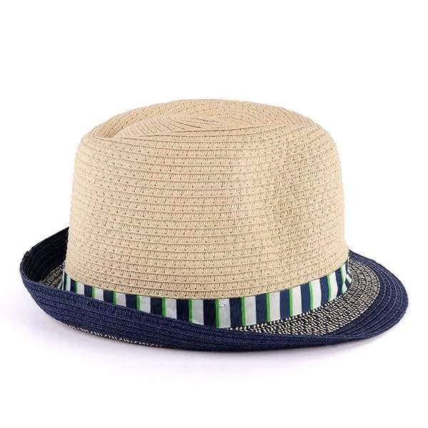 BOYS NAVY BLUE STRIPED TAPE FEDORA HAT