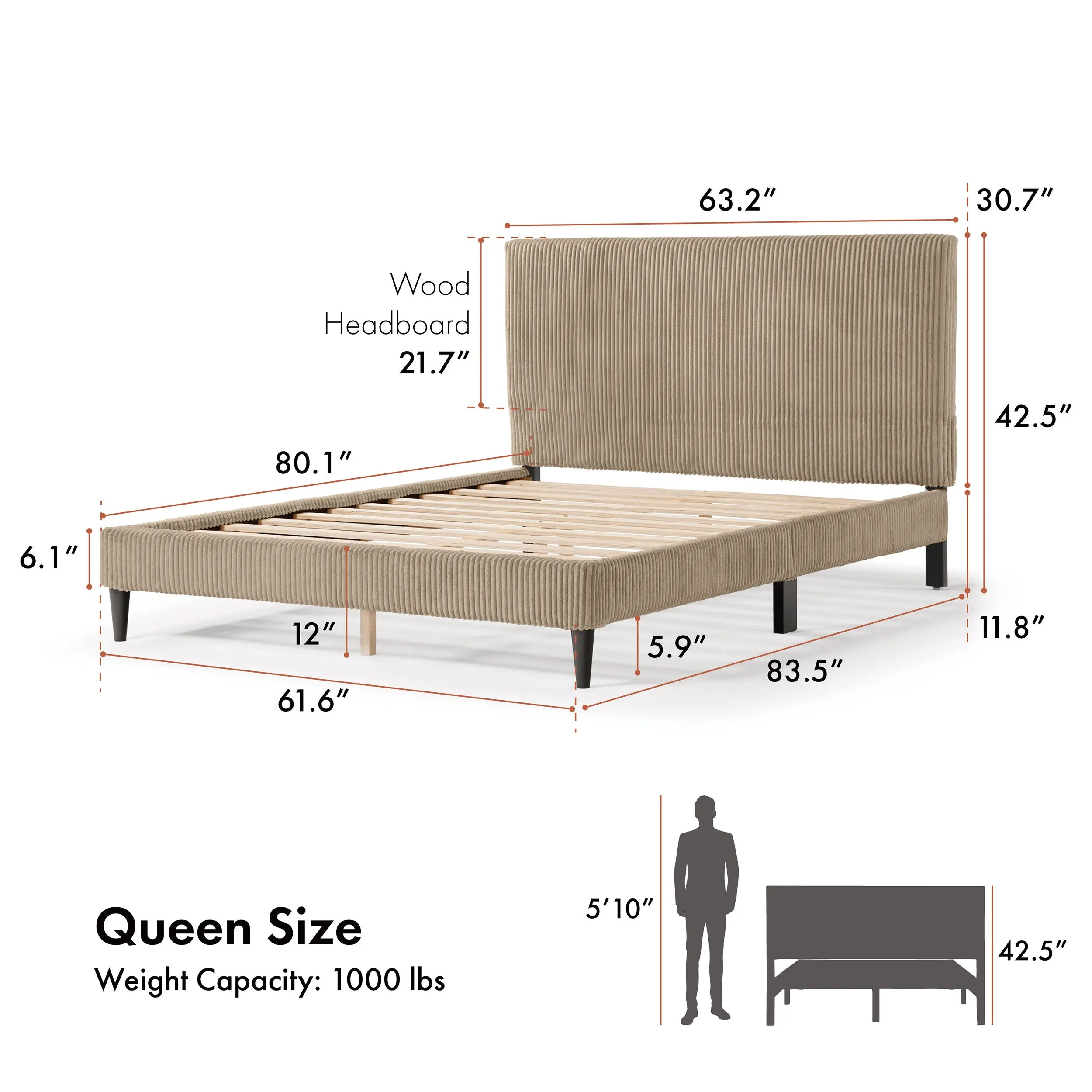 Claude Modern Corduroy Queen Size Platform Bed, No Box Spring Needed