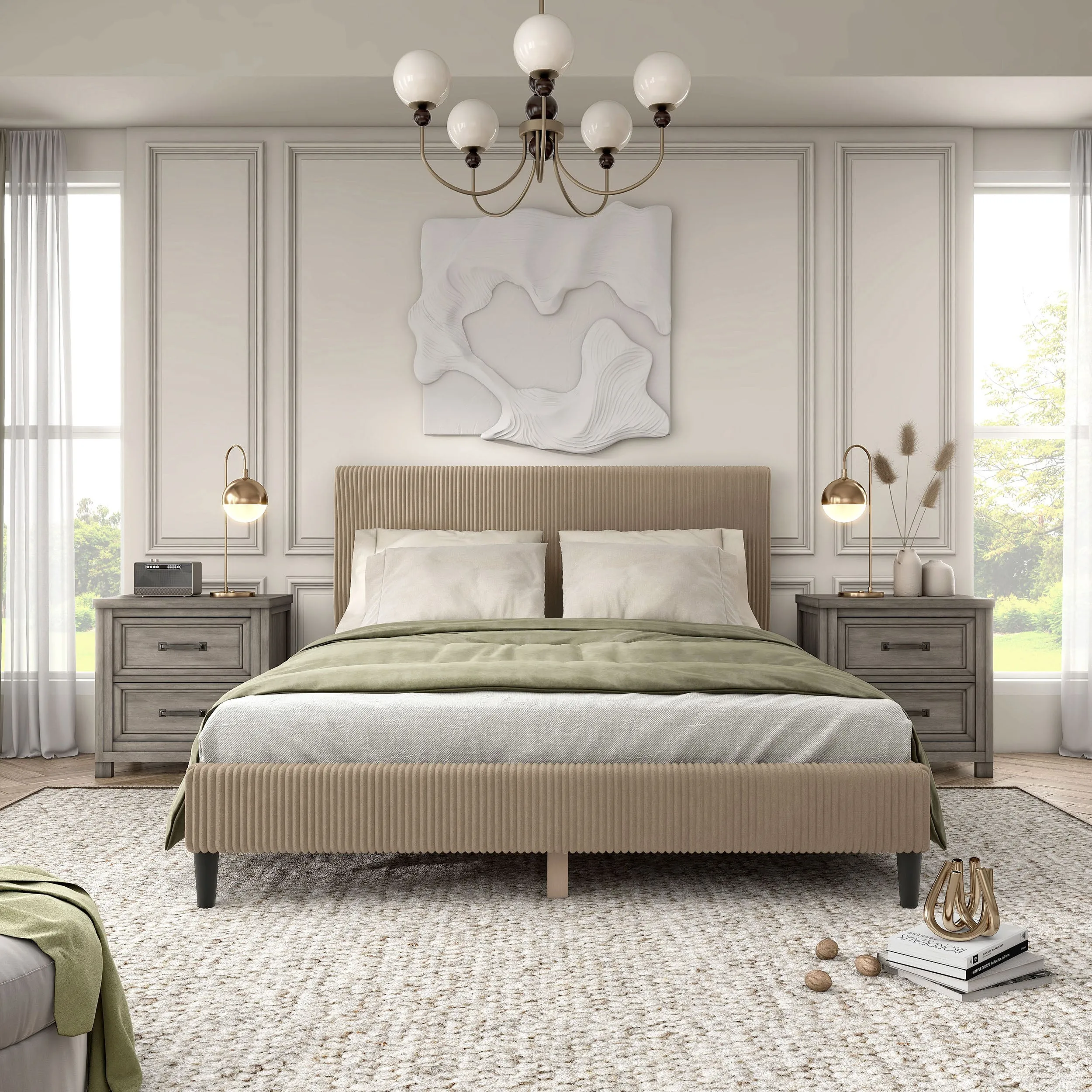 Claude Modern Corduroy Queen Size Platform Bed, No Box Spring Needed