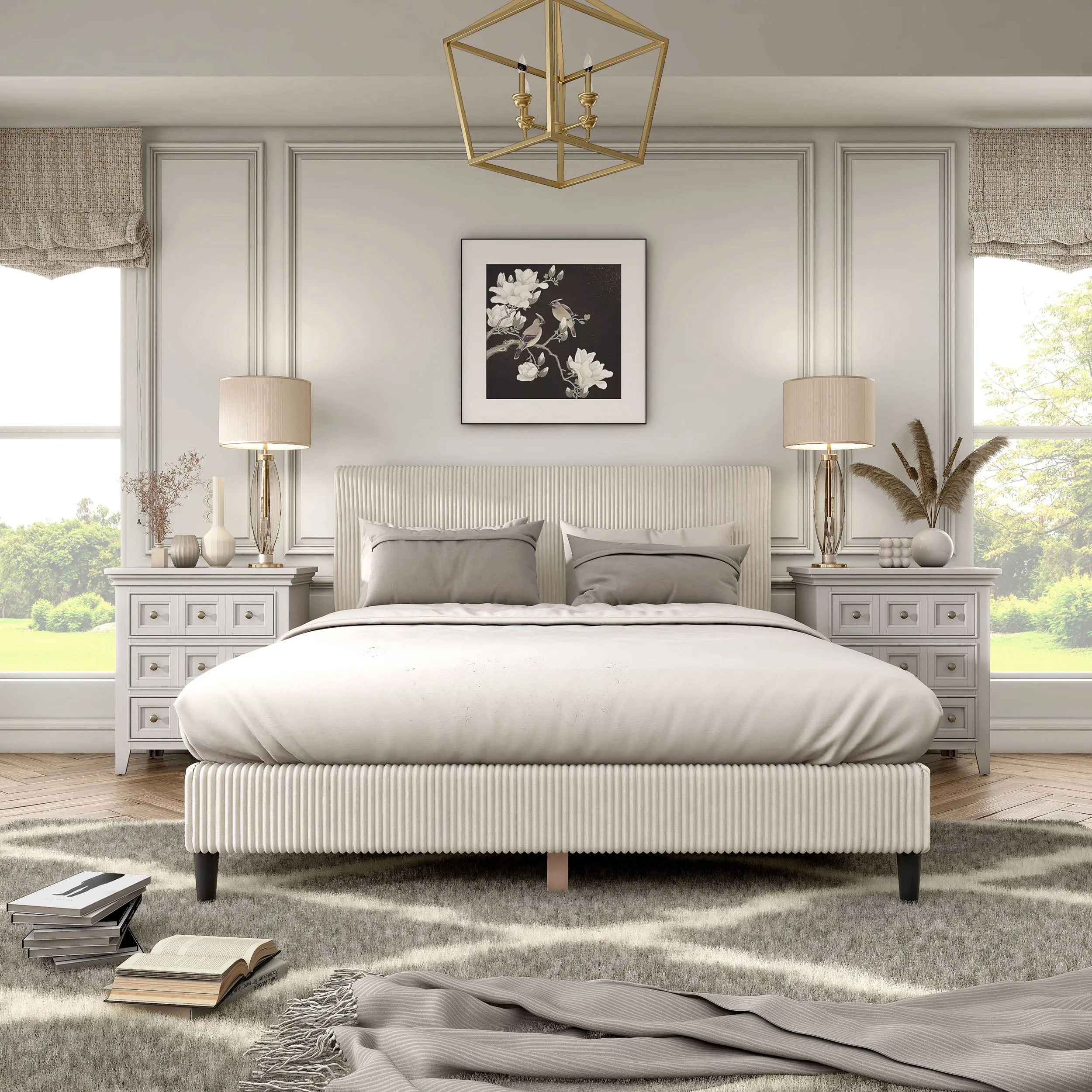 Claude Modern Corduroy Queen Size Platform Bed, No Box Spring Needed