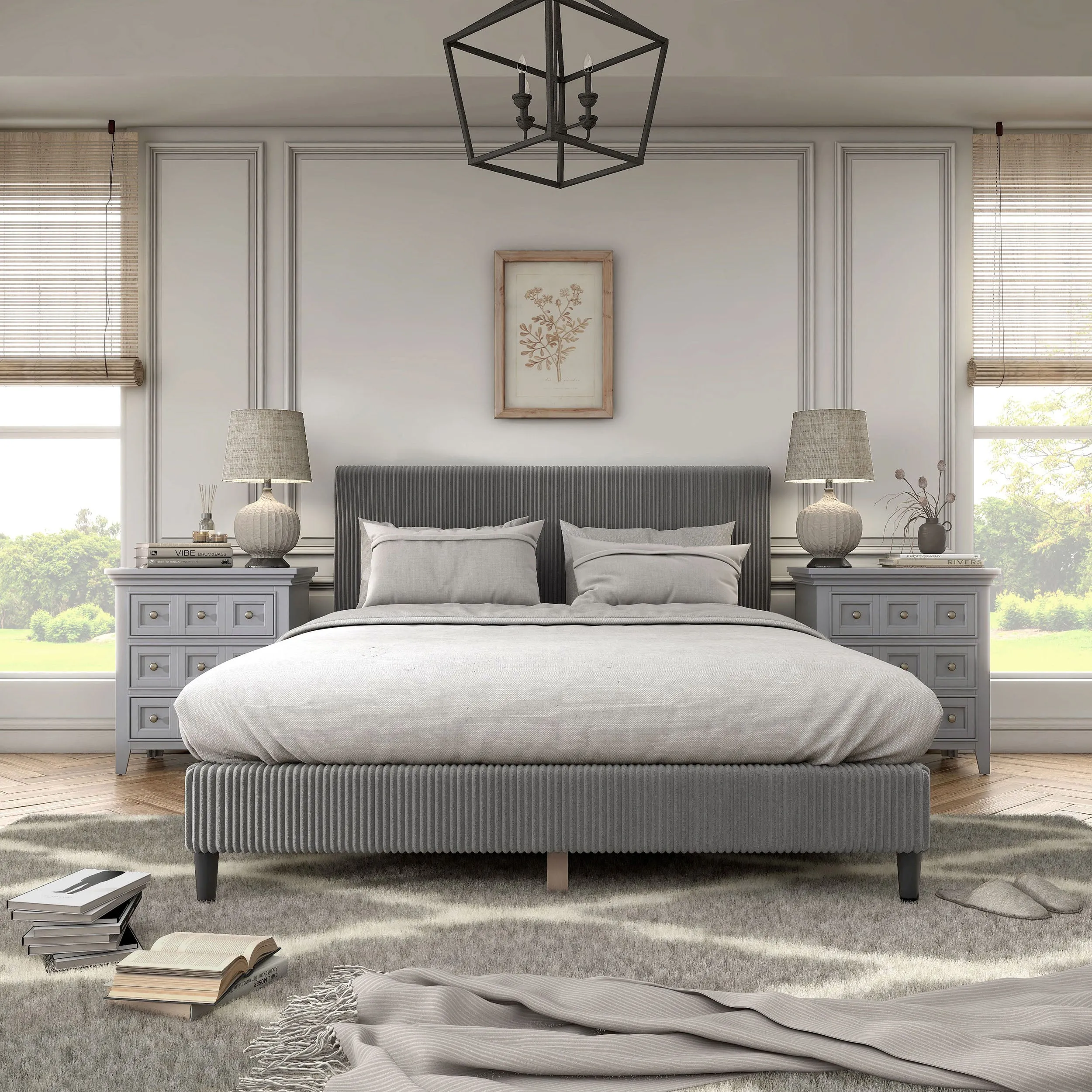 Claude Modern Corduroy Queen Size Platform Bed, No Box Spring Needed