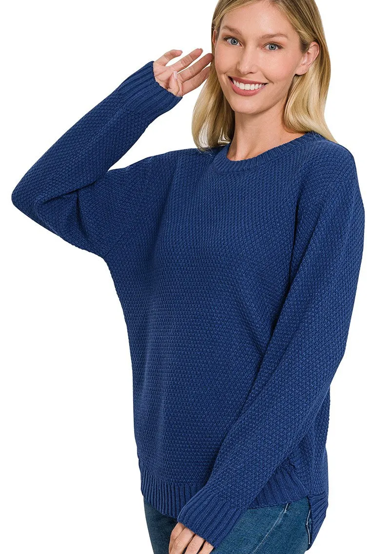 Hi-Low Long Sleeve Waffle Sweater - Light Navy