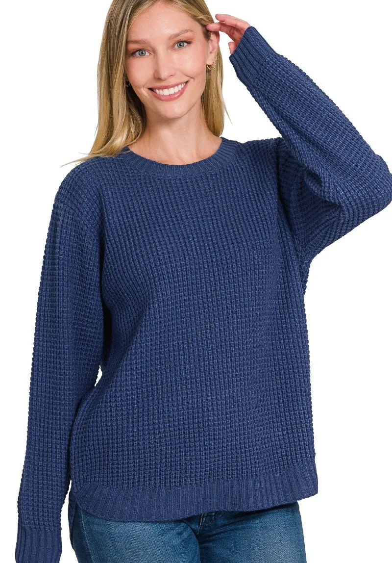 Hi-Low Long Sleeve Waffle Sweater - Light Navy