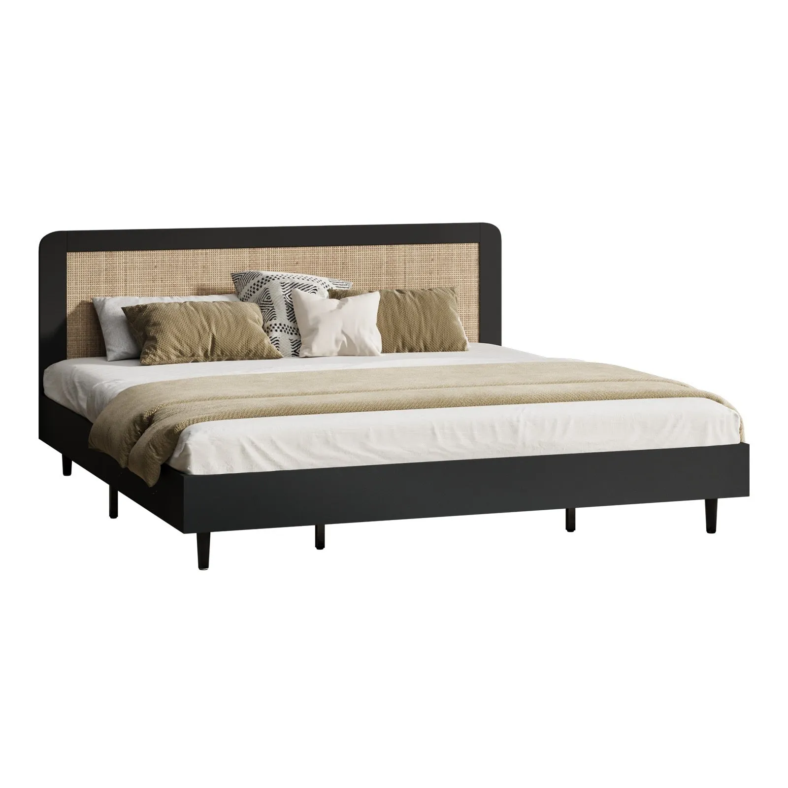 Oikiture Bed Frame King Size Beds Real Rattan Headboard Black