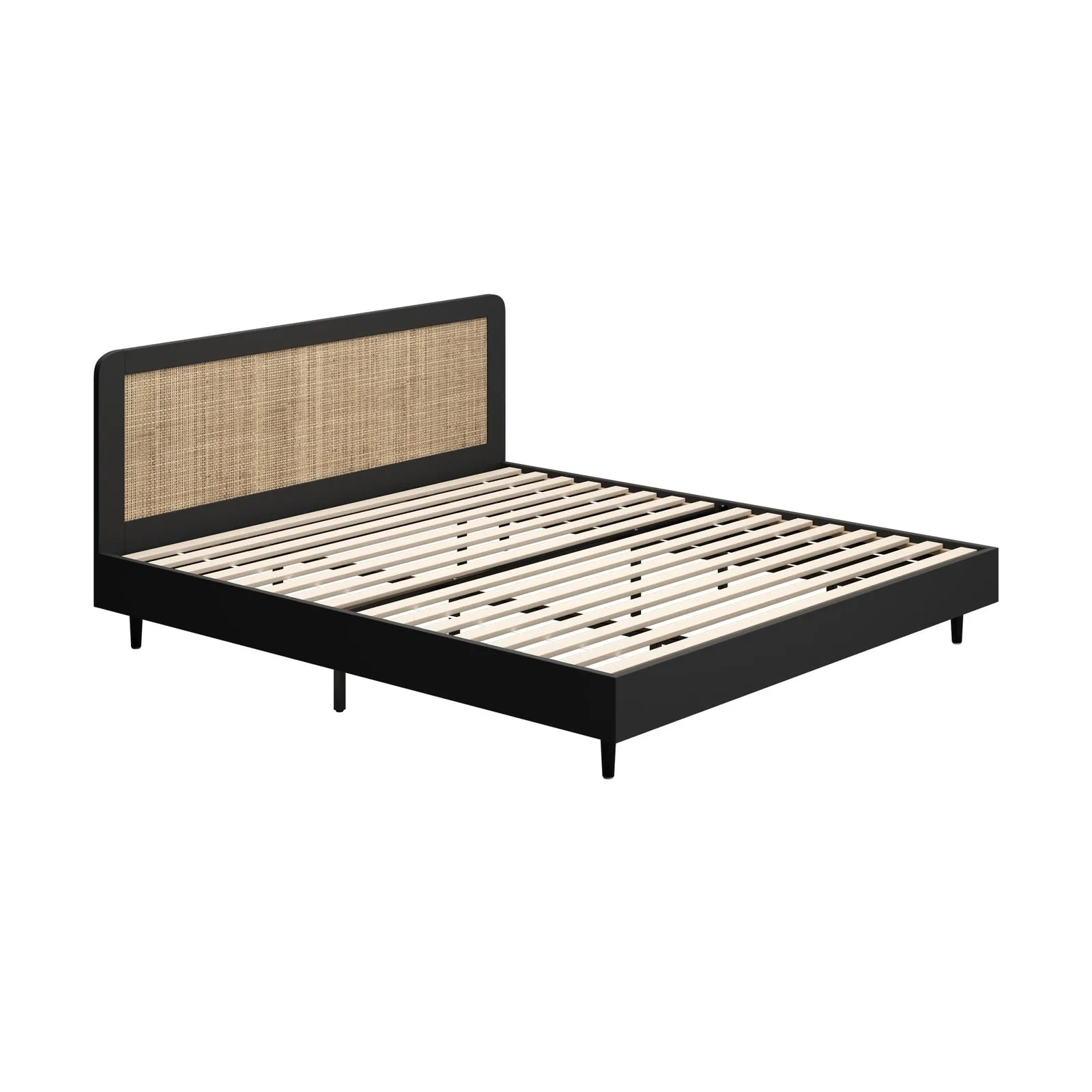 Oikiture Bed Frame King Size Beds Real Rattan Headboard Black