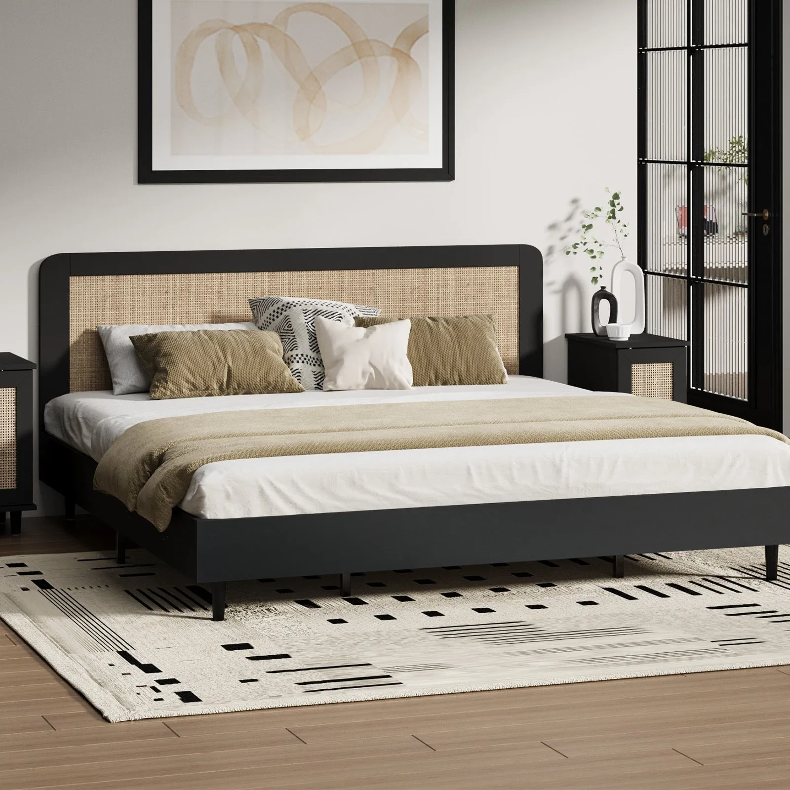 Oikiture Bed Frame King Size Beds Real Rattan Headboard Black