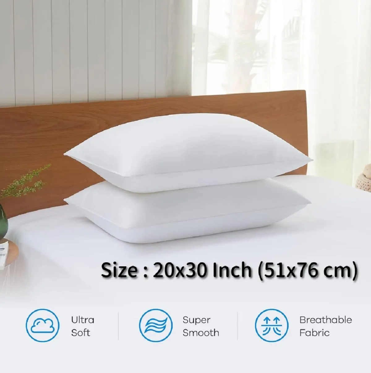 Perfect Sleeper 20x30 Inch Set of 2 Pillows, Soft Density for Stomach and Back Sleepers, Queen Size, Pack of 2, White, 51 x 76 cm - Plain White