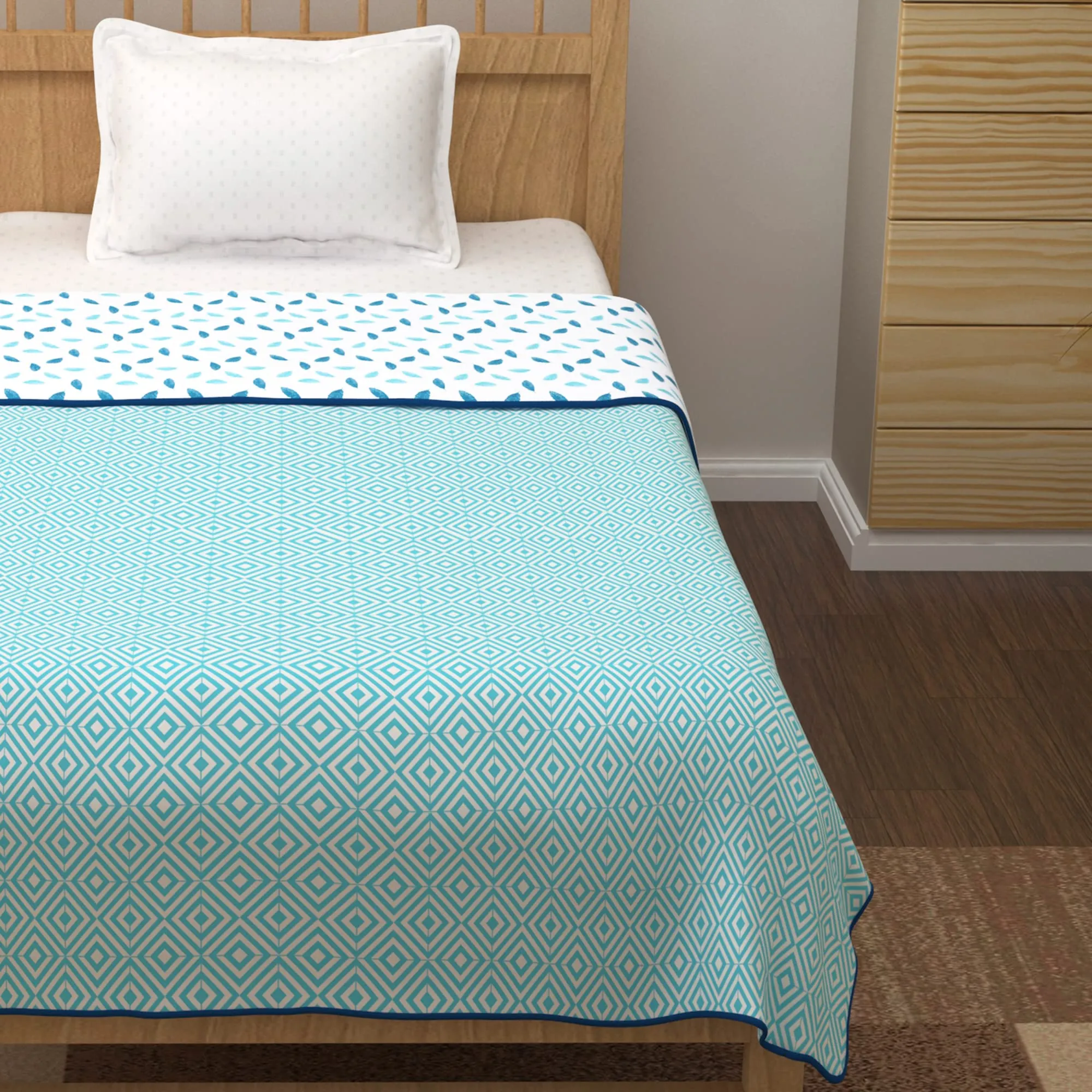 Story@Home Dohar Single Bed Blanket - 144 cm x 220 cm |100% Cotton | Reversible | Lightweight | White and Blue | Leaf Pattern | 150 GSM | Comfortale & Stylish Season. Pack of 2.