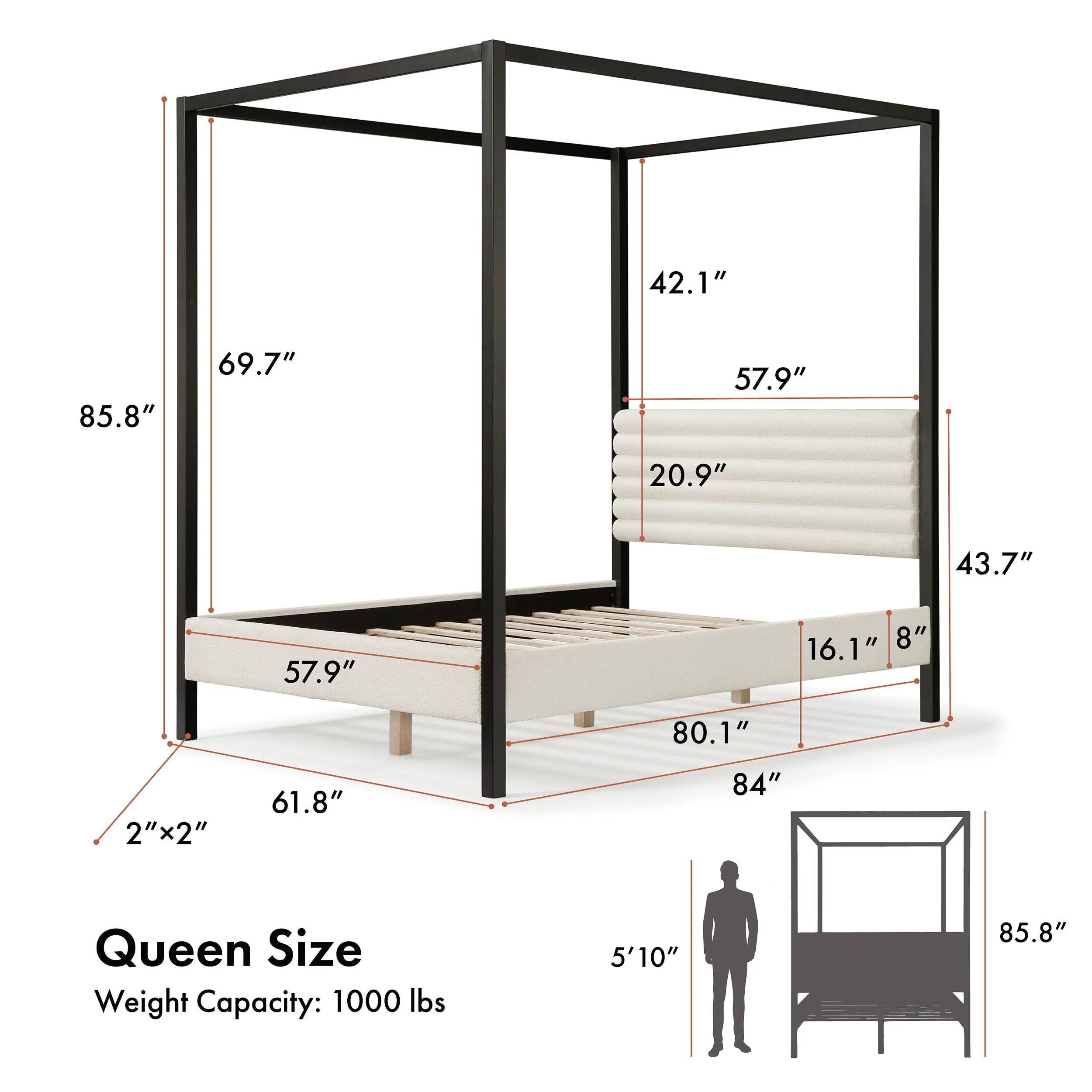 Terry Poplar Wood Frame Queen Canopy Bed with Fabric Upholstery