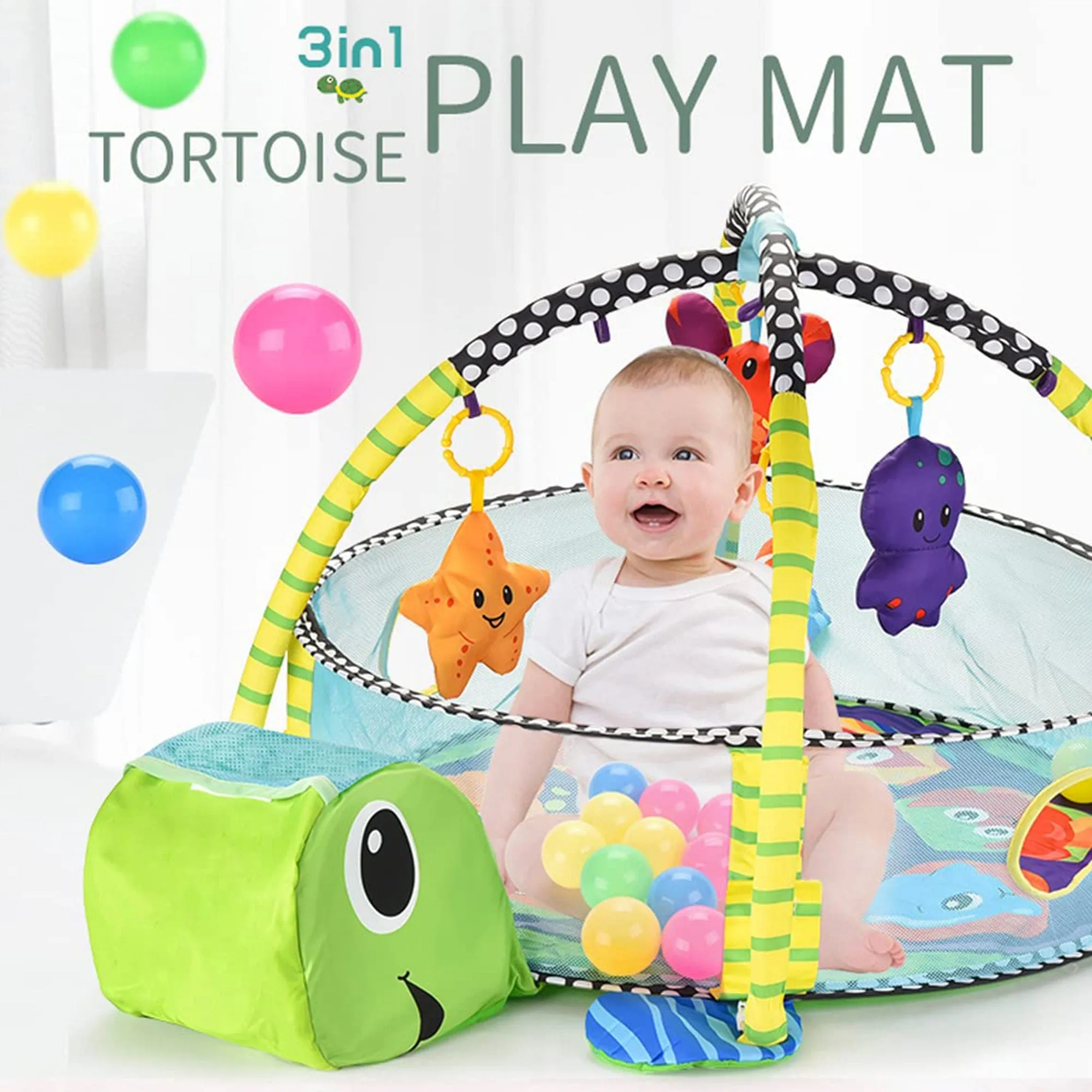 Turtle Infant Play Mat Activity Gym With Hanging Toys And Balls - Green