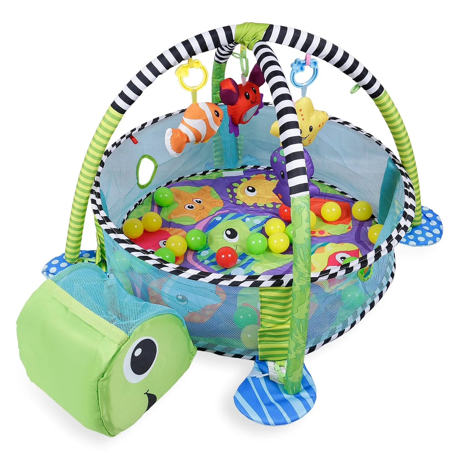 Turtle Infant Play Mat Activity Gym With Hanging Toys And Balls - Green