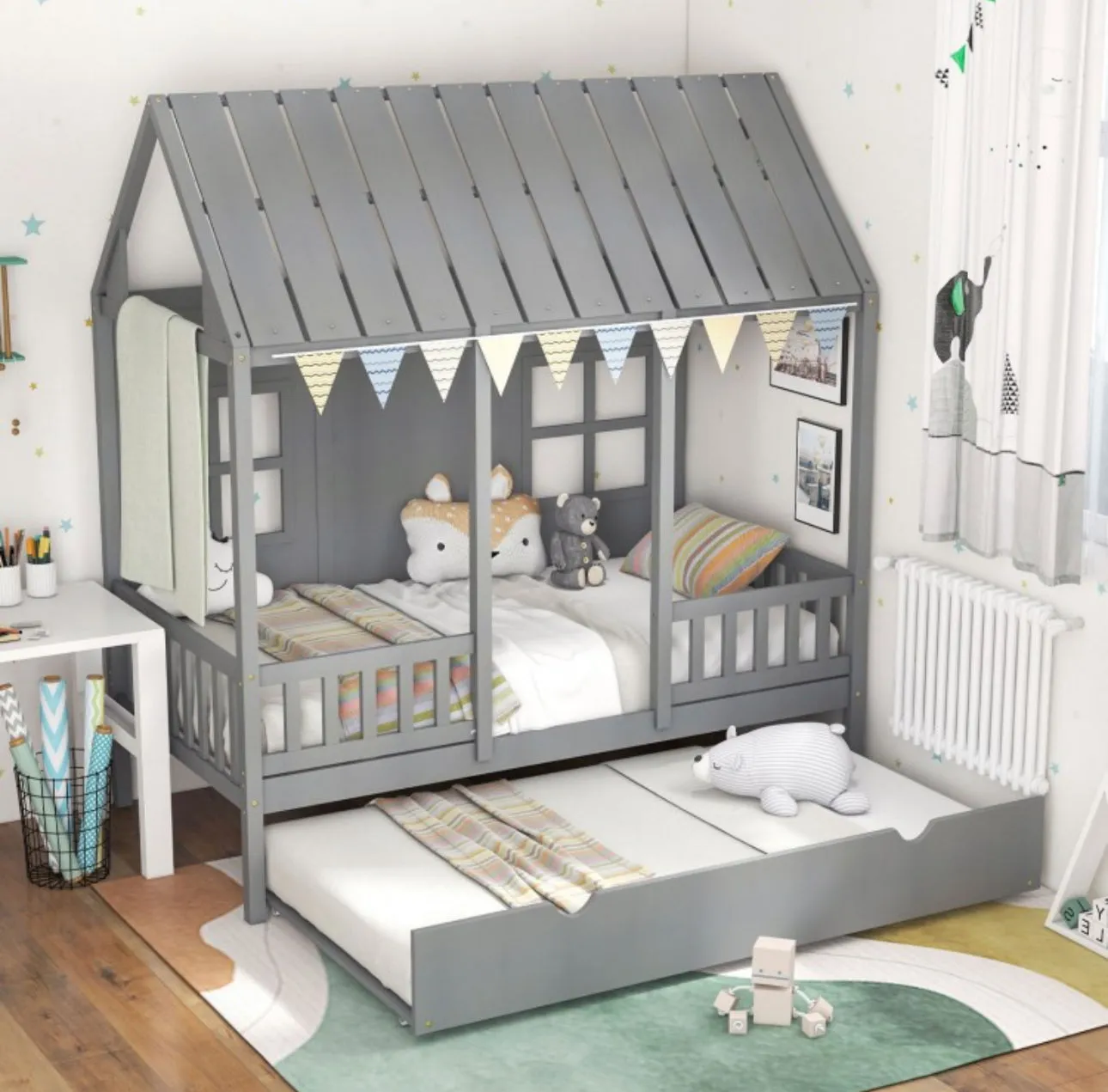 Very Adorable Elegant Twin Size Kids Bed Frame House Bed With Trundle, 82 inch Tall Roof | Heavy Duty | Space Saving