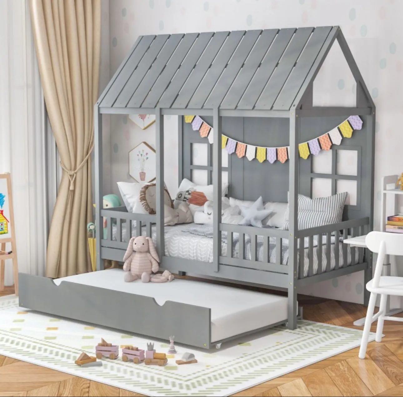 Very Adorable Elegant Twin Size Kids Bed Frame House Bed With Trundle, 82 inch Tall Roof | Heavy Duty | Space Saving