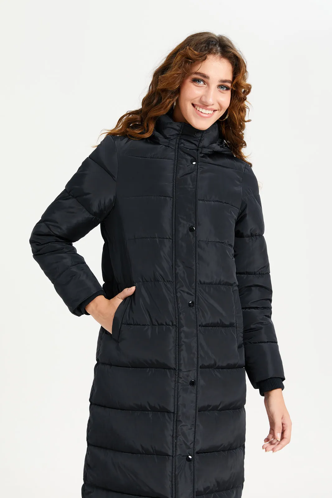 Women Black Padded Zip Up Warm Hooded Coat