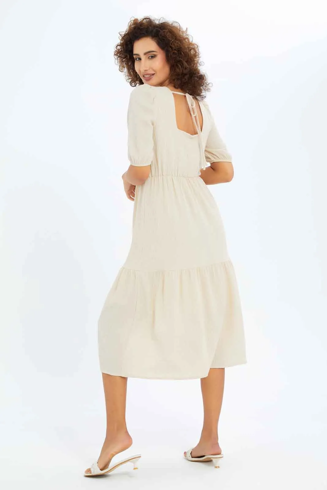 Women Cream Textured Tiered Dress