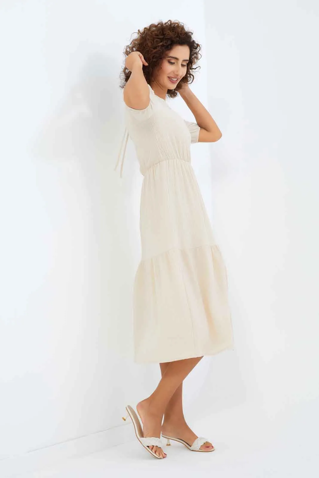 Women Cream Textured Tiered Dress